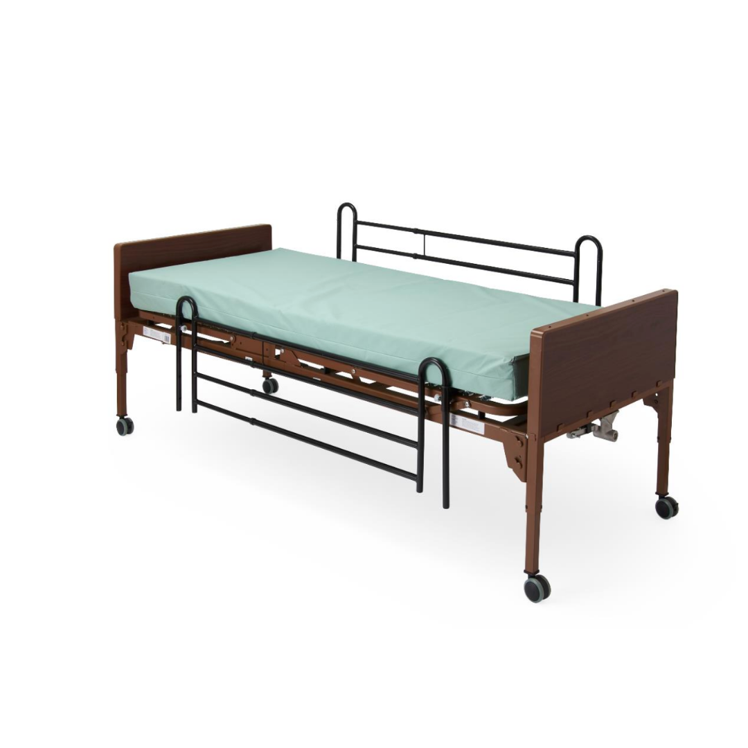 Medline Bed Rails for Medline Homecare Beds: black metal rails for patient safety, paired with a hospital bed featuring a green mattress, wooden headboard and footboard, and wheels on each leg, set against a white background.